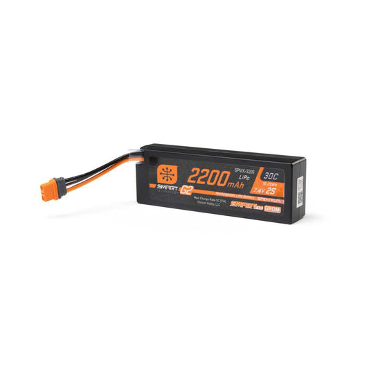 Spektrum 7.4V 2200mAh 2S 30C Smart G2 LiPo Battery: IC2 SmartFit Case NASCAR GROM